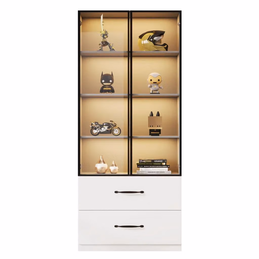 Libreria Minimal con ante in vetro, cassetti e luci LED multicolore, finitura grigia, L: 60 cm, P: 40 cm, H: 160 cm – 2