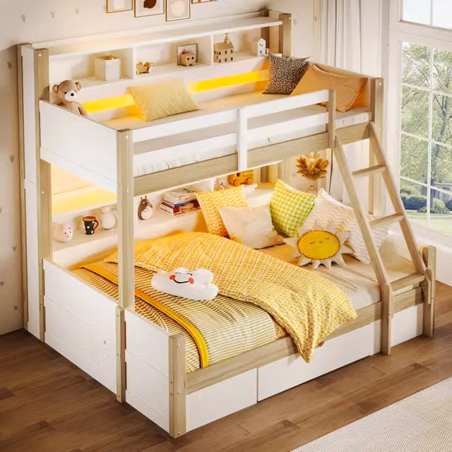 Letto a castello 140x200 cm con LED; vani portaoggetti e cassetto in legno di pino bianco e naturale