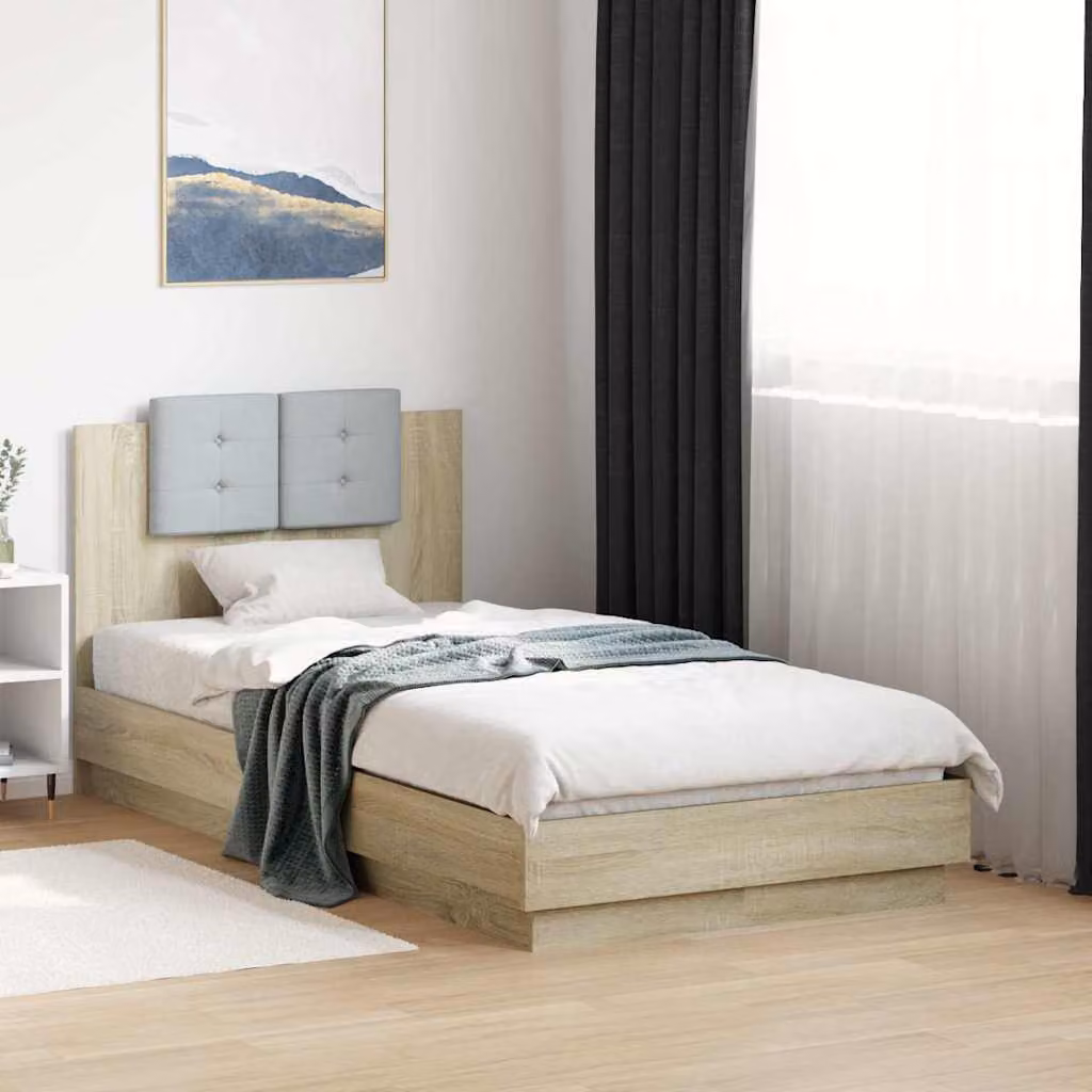 vidaXL Giroletto moderno con testiera, illuminazione LED sottostante e porta USB in legno Rovere Sonoma, L 75 x P 193 x H 84 cm