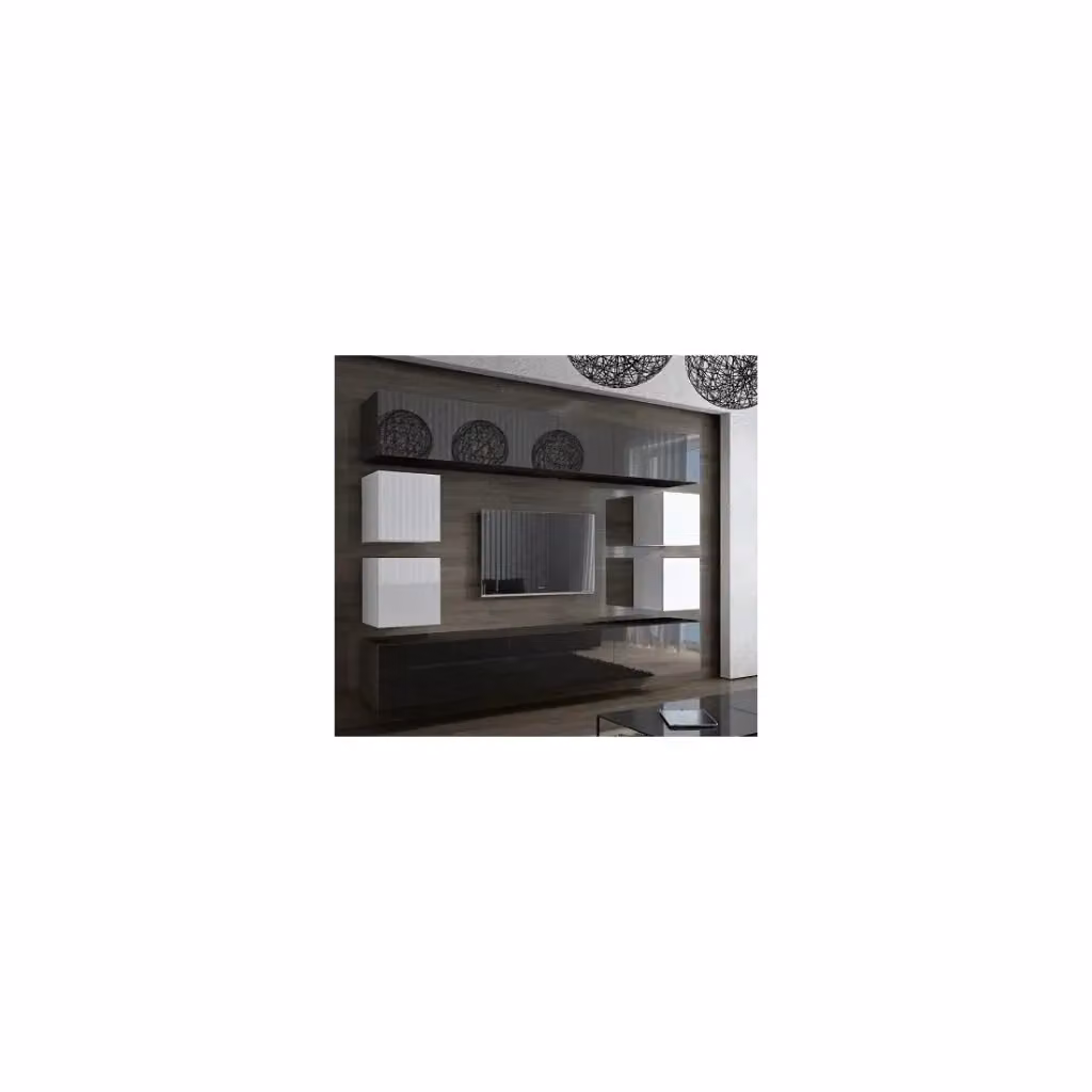 Set di mobili da soggiorno sospesi modulari Meublorama collezione CEPTO XVII nero e bianco con illuminazione LED integrata, 10 pezzi, L: 249 cm – 2