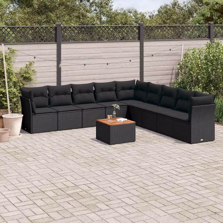 Set di Divani da Giardino vidaXL 10 Pezzi in Polyrattan Nero con Cuscini e Tavolino da Caffè