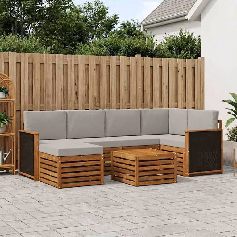vidaXL Set di divani da esterno a L composto da 6 pezzi in legno di acacia con cuscini beige e grigi