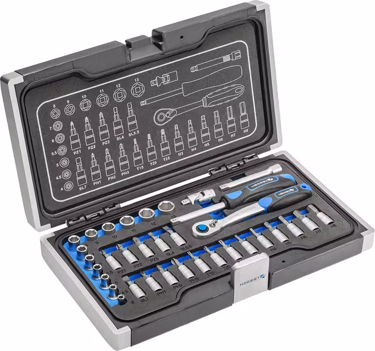 Set di utensili 34 pezzi Chiavi a bussola 1/4" 34 pezzi. HT1R464 Valigetta HOGERT