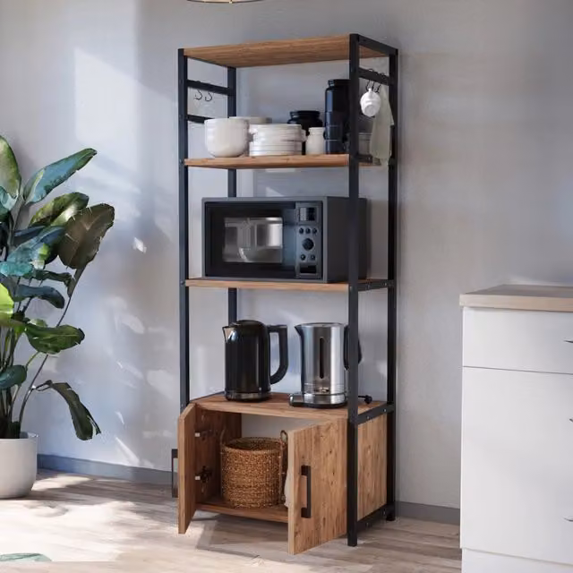 Scaffale da cucina Arhuni en.casa a 3 piani con ganci, stile industriale, colore Rovere e Nero, L: 138,5 cm, P: 56 cm, H: 30 cm