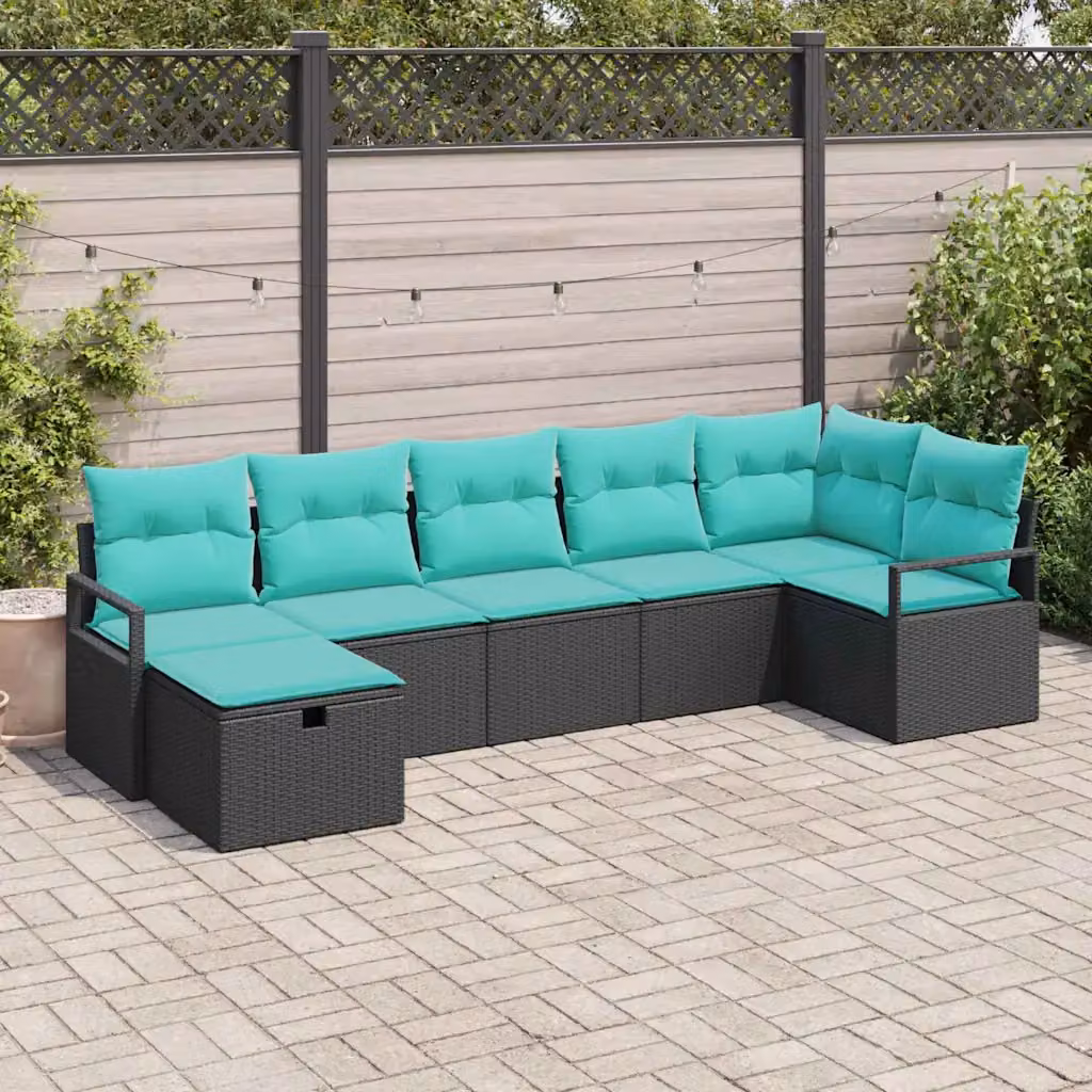 Set di divani da giardino vidaXL a 7 posti in rattan con struttura in metallo, colore nero e turchese