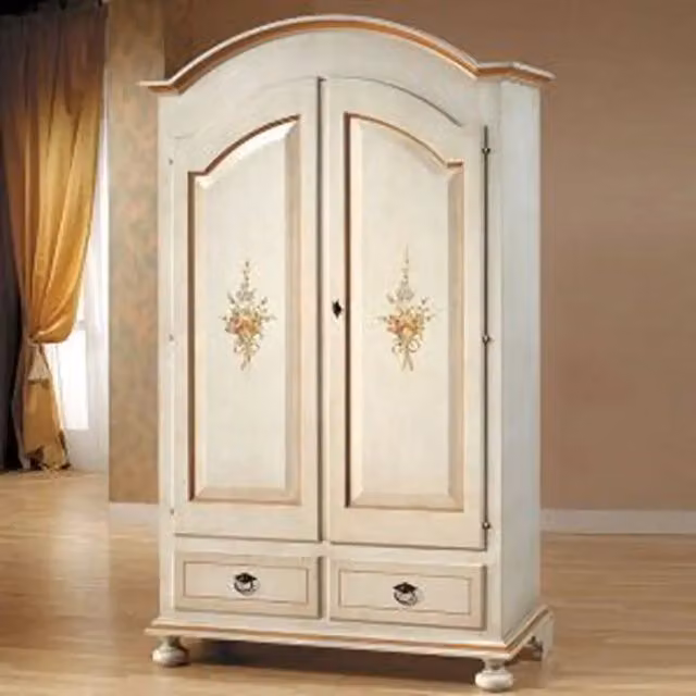 Armadio KIVIO in legno di abete decorato con motivi floreali, colore bianco anticato e dettagli arancio, H: 192 cm, L: 87 cm, P: 40 cm