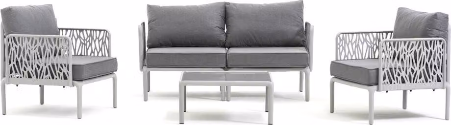 Set da giardino con divano, 2 poltrone e tavolo con piano in vetro temperato - struttura in resina rinforzata con fibra di vetro, cuscini da 12 cm e look ispirato alle foglie, ideale per giardino, terrazza e veranda - HOYA - Grigio chiaro/grigio scuro