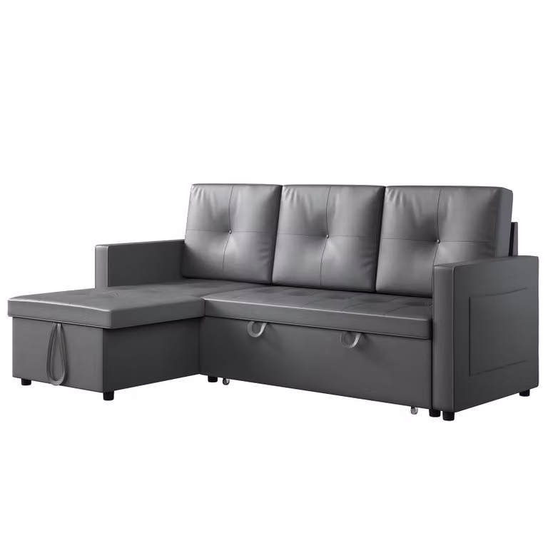 SONNI 203x130x88cm Divano angolare a tre posti grigio scuro con funzione letto, divano e letto in uno, schiuma ignifuga, con vano contenitore nascosto