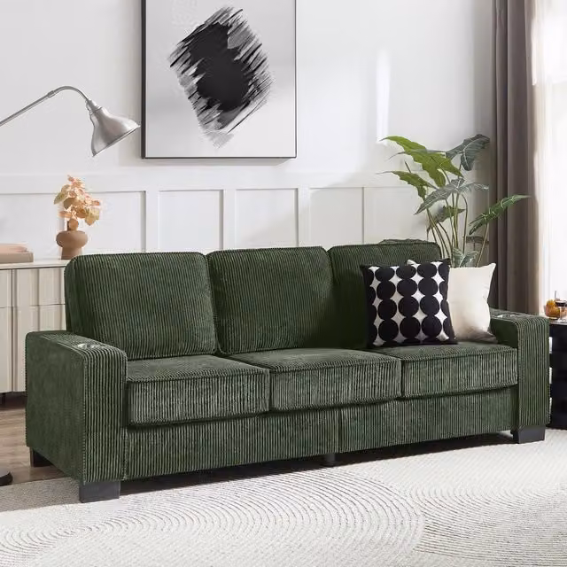 Divano 3 posti ¨C Minimal ¨C verde, tessuto, imbottito, con portabicchieri, 206 cm