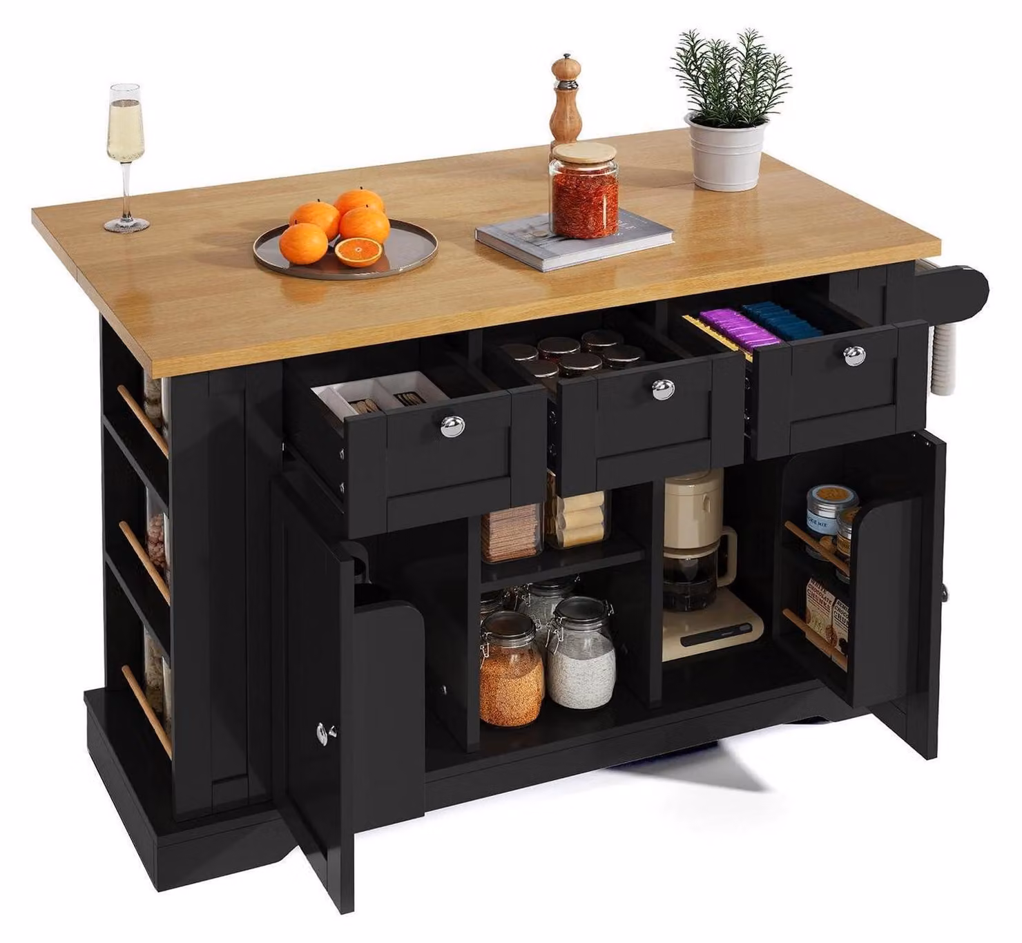 Tavolo da cucina mobile, stile rustico, 132 cm, con piano pieghevole, cassetto e 5 ruote, colore nero