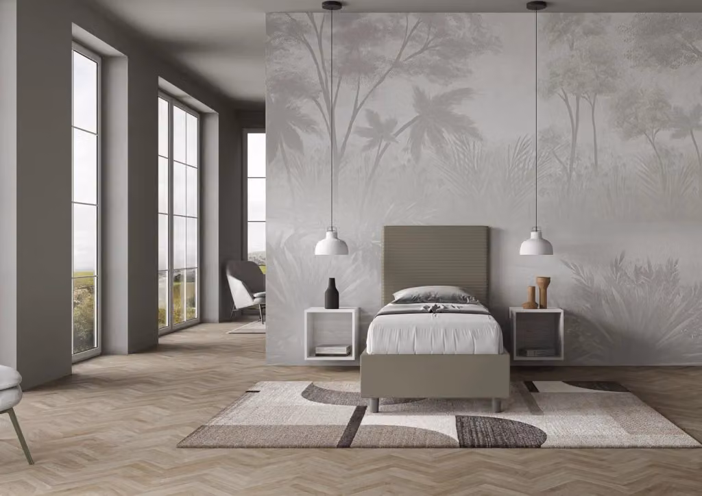 Letto singolo contenitore imbottito BS COM in similpelle color cappuccino, L/P/H: 90 x 190 cm – 2