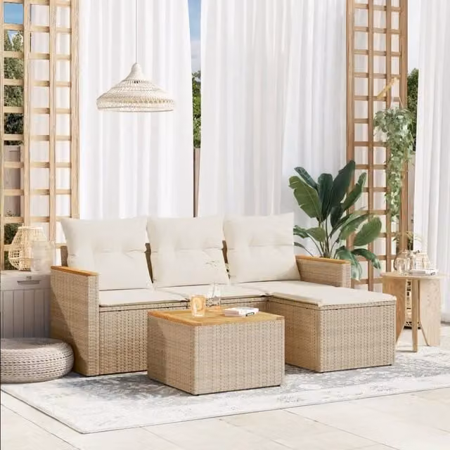 Set Divano da Giardino 5 pz con Cuscini-Sofa da Giardino-Divanetto da esterno Beige in Polyrattan 532961