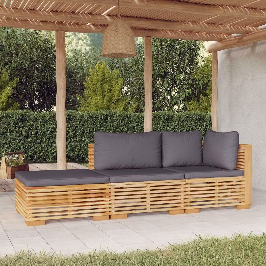 Set da lounge per giardino esclusivo, composto da 3 pezzi, con cuscini, realizzato in legno massello di teak