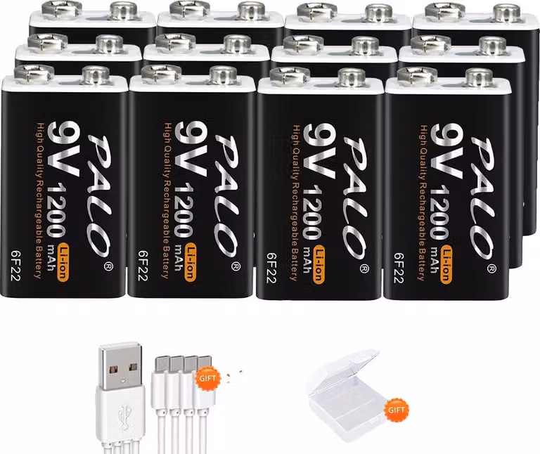 Batteria ricaricabile, Li-Ion, 1200mAh, vano batteria incluso, 12 pezzi, 9V