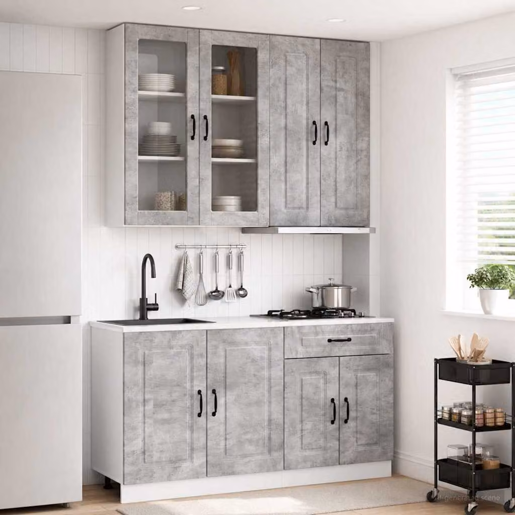 Set di unità cucina moderna vidaXL KALMAR in 4 pezzi, colore grigio cemento con ante in vetro e finitura opaca, in MDF