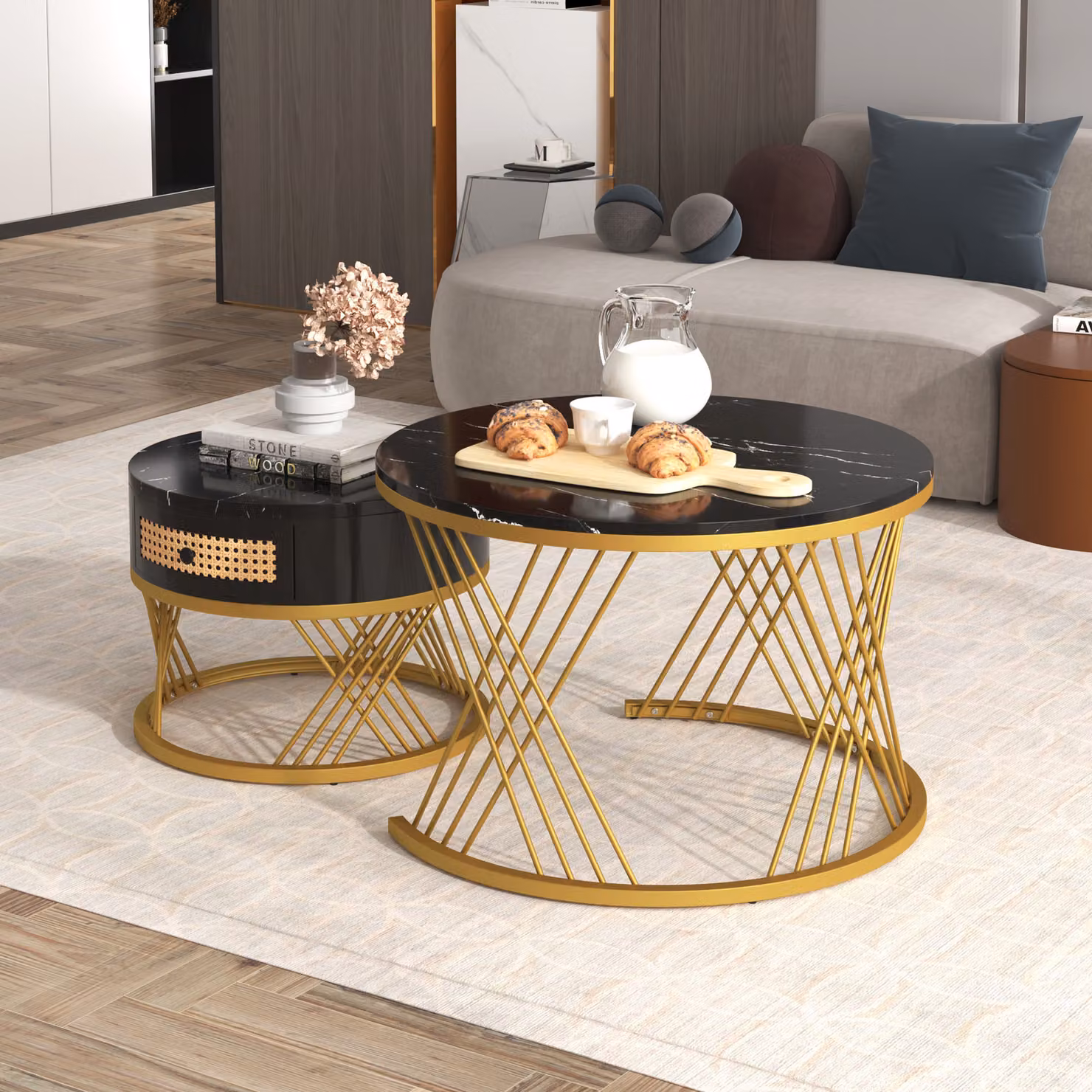 STILVORA Tavolino rotondo 2 in 1 in MDF, tavolino con piano in marmo e cassetti in rattan sintetico, maniglie in legno massello. Piedini in ferro dorato.