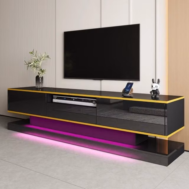 Mobile TV con tre cassetti e LED multicolore in pannello truciolare nero lucido 180 × 38 × 45 cm