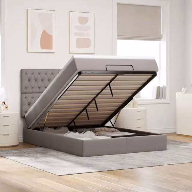 Letto con contenitore a sollevamento vidaXL in tessuto beige e grigio con porta USB e illuminazione sottostante L: 190 cm, P: 144 cm, H: 280 cm – 1