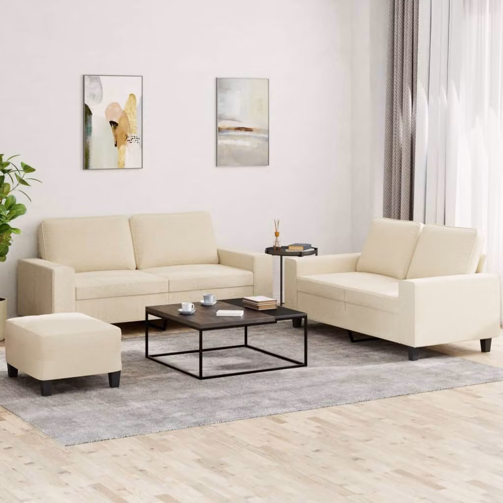 Set di divani 3 pezzi vidaXL in tessuto beige con cuscini decorativi e struttura moderna per soggiorno – 1