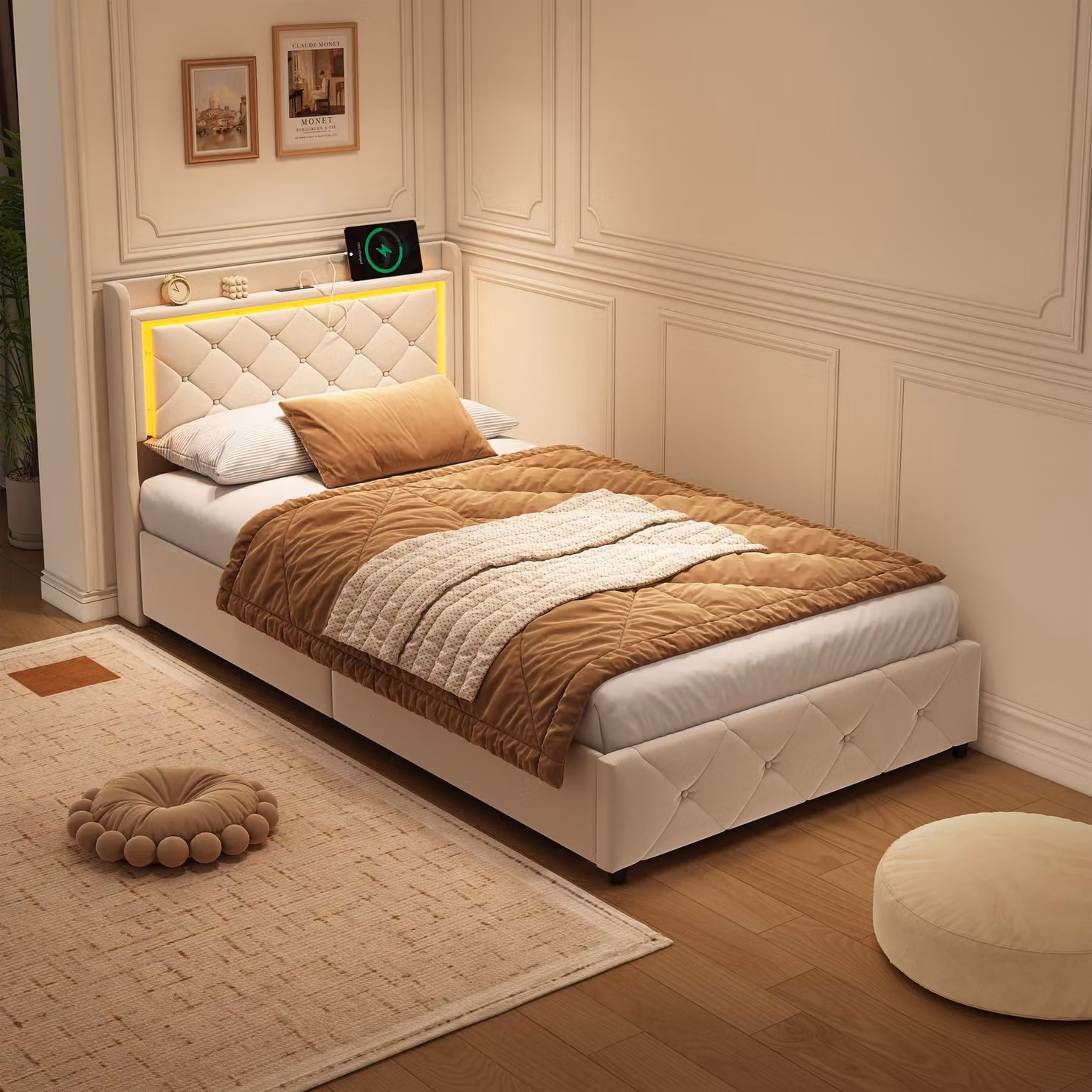 ProximaX Letto in velluto beige (90 x 200 cm), illuminazione a LED, porte USB - Letto singolo con molla a gas e ampio spazio per riporre gli oggetti - Design moderno