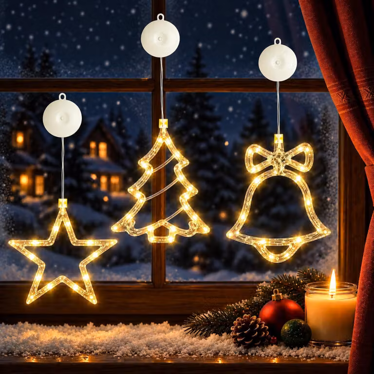 Set di 3 tende luminose a LED, luce bianco caldo, alimentate a batteria, ideali per decorare le finestre