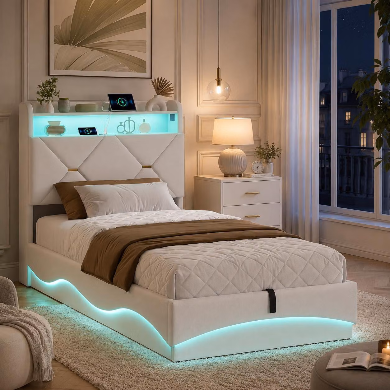 Letto imbottito INONEFT 90x200 cm con rete a doghe, letto con box e illuminazione LED, prese USB e Type-C, letto singolo per giovani con contenitore, rivestito in velluto color beige