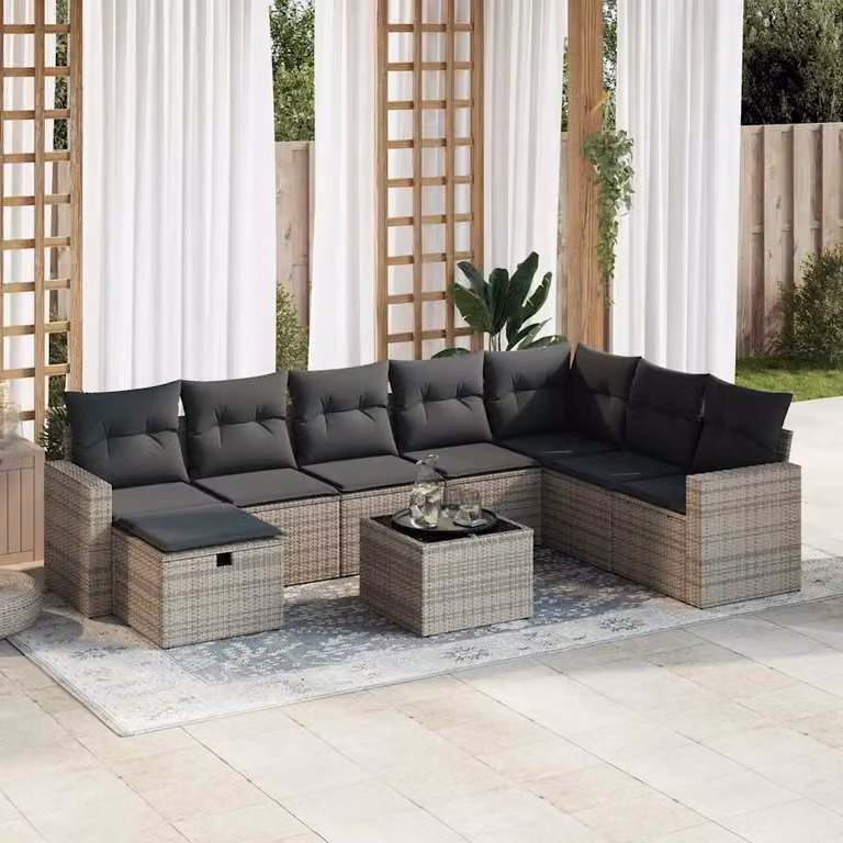 Set Divano da Giardino vidaXL 9 pz in Polyrattan Grigio con Cuscini e Tavolino