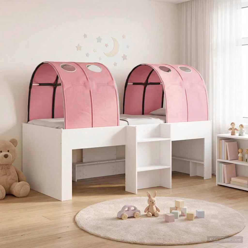 Letto per bambini vidaXL con tunnel, 3 pezzi, Bianco e Rosa, in legno ingegnerizzato, L: 203 cm, P: 120 cm, H: 101 cm