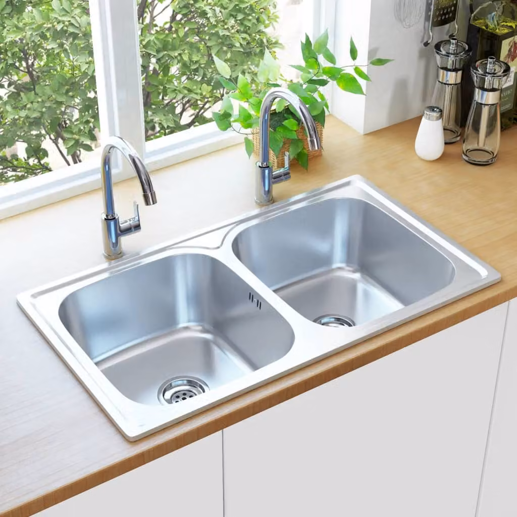 The Living Store Lavello da cucina a doppia vasca con scolapasta e sifone in acciaio inox