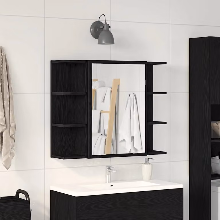 Mobiletto per specchio da bagno vidaXL in MDF nero opaco con specchio e ripiani interni L: 80 cm, P: 20,5 cm, H: 64 cm