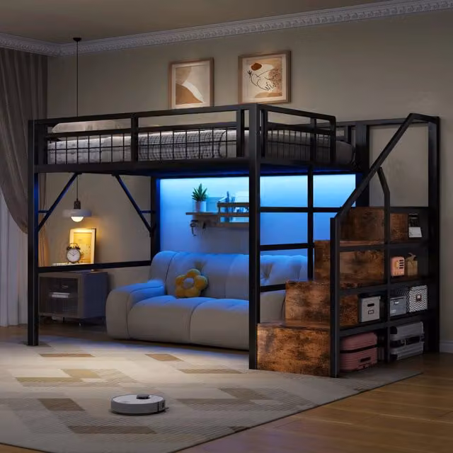 Letto a soppalco 140 x 200 cm, struttura in ferro, striscia LED, scale con contenitore, spazio libero, senza materasso - Nero