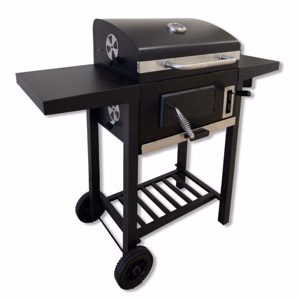 Barbecue a carbonella con ruote e doppio ripiano laterale, griglia