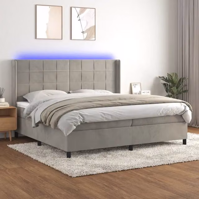 Letto matrimoniale moderno vidaXL in velluto grigio con illuminazione LED e porta USB, struttura in legno e materasso ibride, L/P/H: 200 x 200 x 31 cm