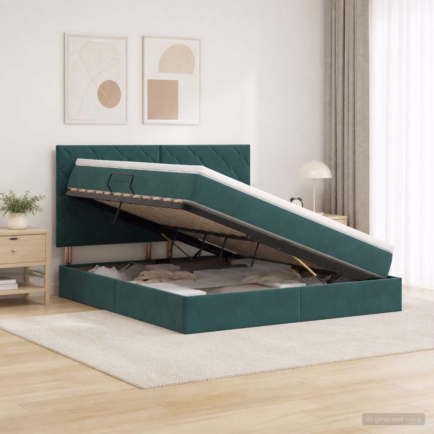 Letto con contenitore vidaXL in velluto verde con base a sollevamento e porta USB L/P/H: 140 x 200 x 104 cm