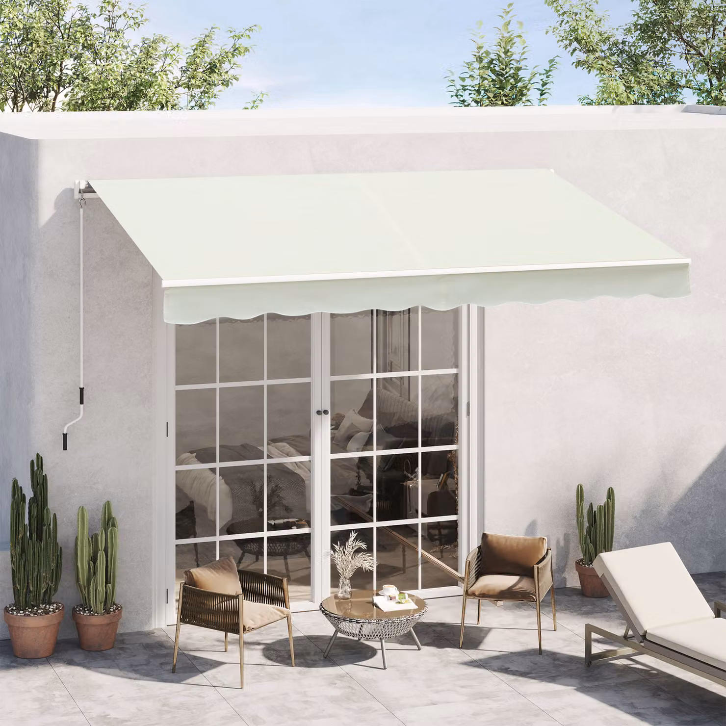Tenda da sole avvolgibile Outsunny con bracci a caduta manuale in alluminio e poliestere anti-UV, Bianco, L: 295 cm, H: 245 cm – 2