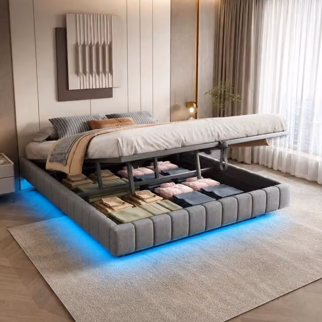 Letto imbottito 180x200 cm con contenitore; LED a luce variabile e struttura sospesa; grigio