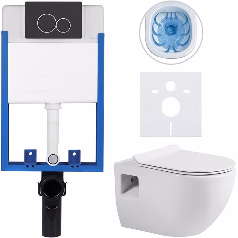 Set completo per WC sospeso Lite/Dure - bianco lucido - pulsante per WC Duo, nero opaco - da incassare - 51x35 cm