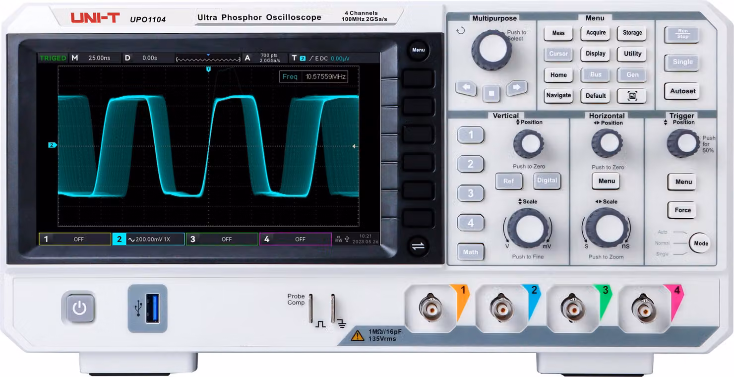 Oscilloscopio a memoria UNI-T UPO1104, 4 canali, 100 MHz, 2 GSa/s
