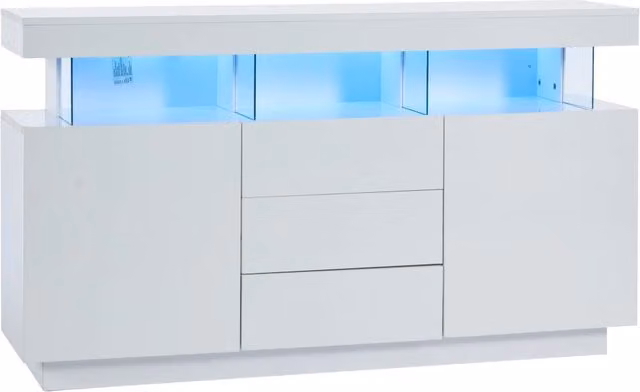 Sideboard in bianco lucido con LED multicolore, 140 x 35 x 80 cm, 3 cassetti e 2 ante scorrevoli, adatto per soggiorno e cucina