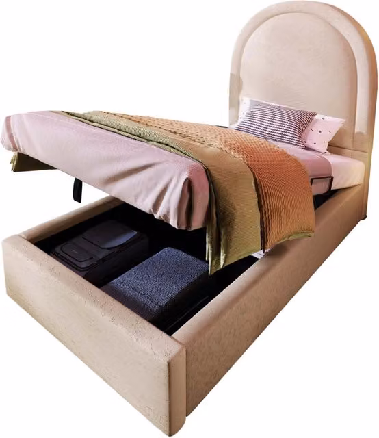 Letto Contenitore Singolo Chicfurn con Vano Sottoletto e Testiera Imbottita, Beige, L/P/H: 90 x 200 x 106 cm – 1