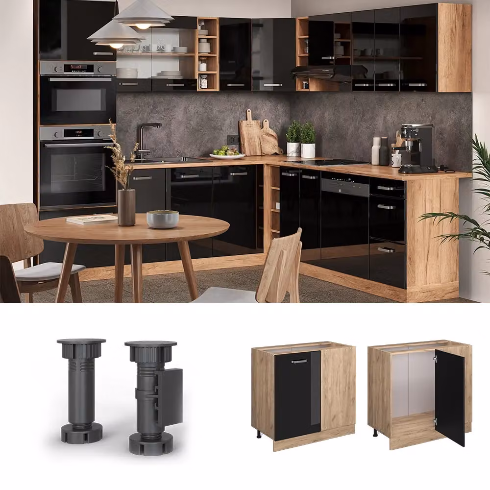 Mobile ad angolo cucina R-Line Vicco Nero lucido e Rovere, L: 86 cm – 2