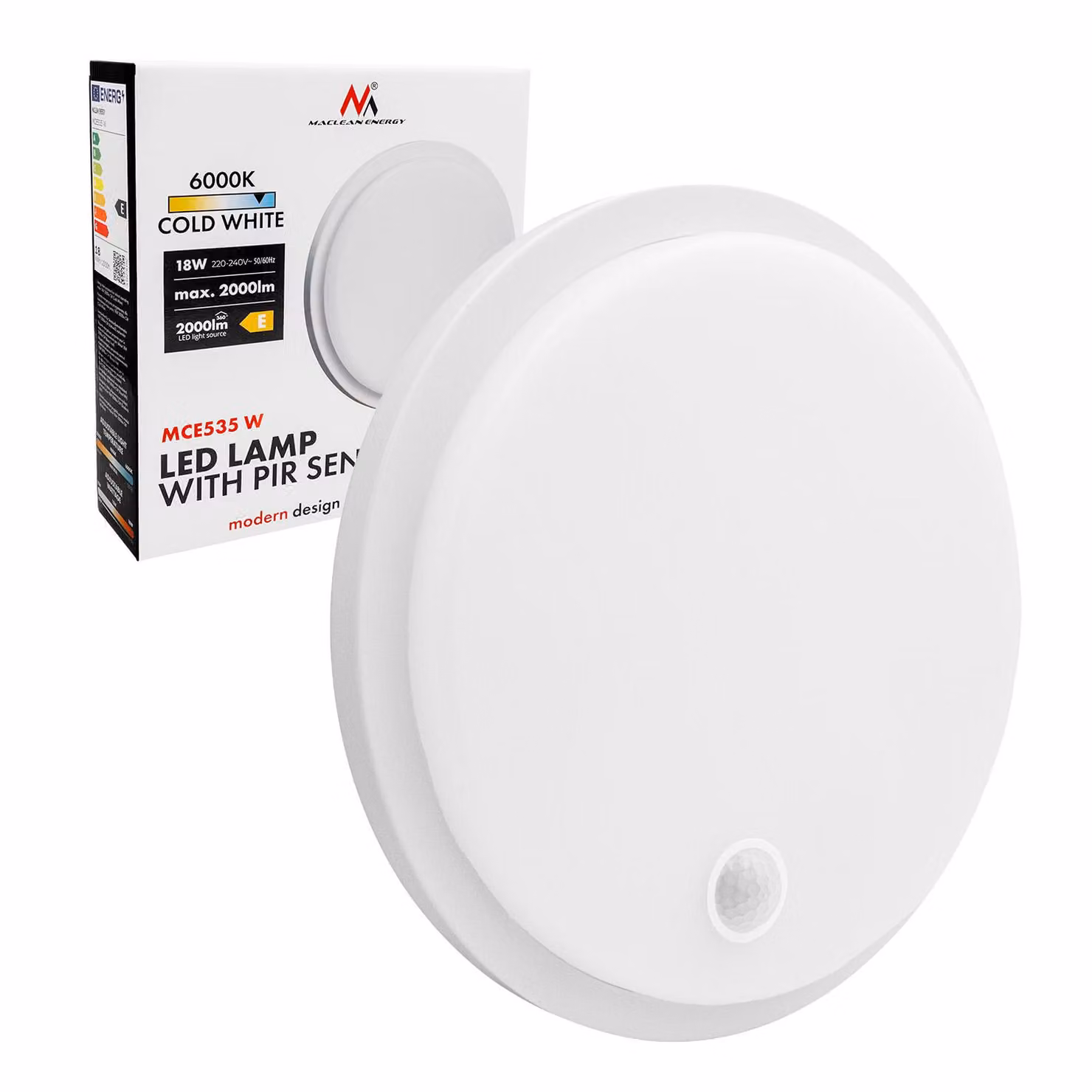 Lampada LED Maclean con sensore di movimento PIR, colore bianco, 10 W/15 W/18 W, grado di protezione IP65, temperatura di colore regolabile 3000/4000/6000 K, modello MCE535 W
