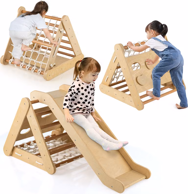 COSTWAY 4in1 triangolo di arrampicata indoor con scivolo&arrampicata, struttura di arrampicata in legno, triangolo di arrampicata, triangolo di arrampicata giocattolo per bambini 1+natura