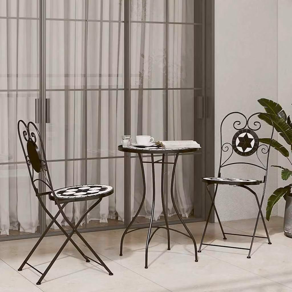 Set da Bistrot vidaXL in Acciaio Verniciato e Ceramica con Mosaico Geometrico Nero e Bianco per Giardino e Balcone – 1