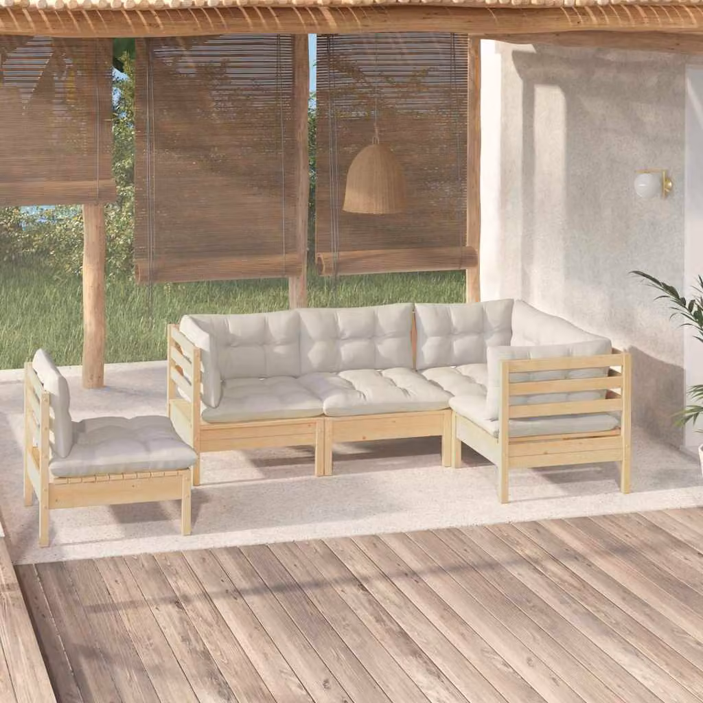 Set Divani da Giardino vidaXL 5 pz a Forma a L in Legno di Pino con Cuscini Beige