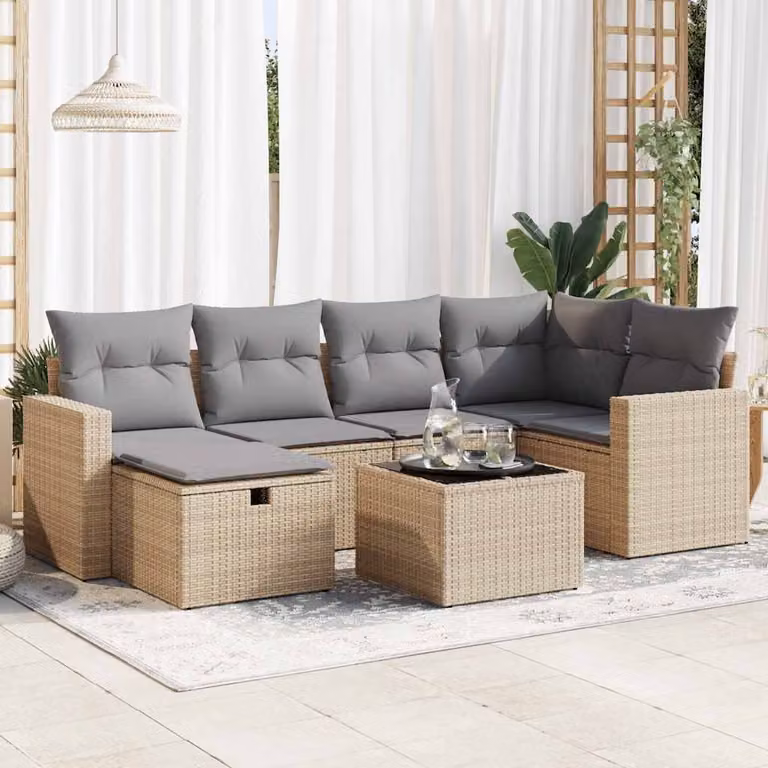 Set Divani da Giardino vidaXL 7 Pezzi in Polyrattan Beige con Cuscini e Tavolino per Terrazza e Balcone