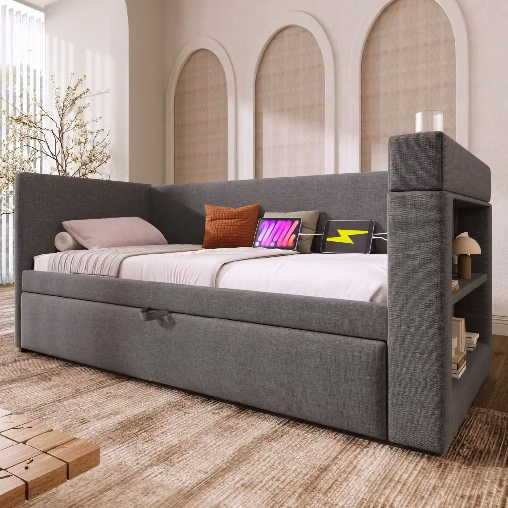 Letto divano singolo OKWISH con letto estraibile, porte USB e Type-C e portabevande, grigio – 2