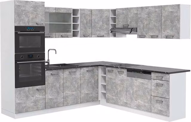 Cucina angolare moderna R-Line Vicco in bianco e calcestruzzo con piano antracite – 1