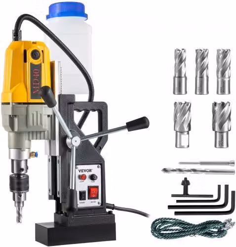 VEVOR Trapano Magnetico Elettrico 1100W Giallo con 7 Punte, Carotatrice Magnetica Portatile con Forza di Attrazione 12000N per Uso Industriale