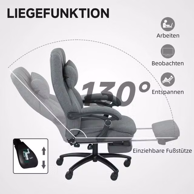 Sedia da ufficio ergonomica REDOM con massaggio USB, schienale reclinabile e poggiatesta, Grigio